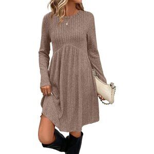 Ofeefan Women Khaki Crew Neck Long Sleeve Empire Waist Dress with Pockets